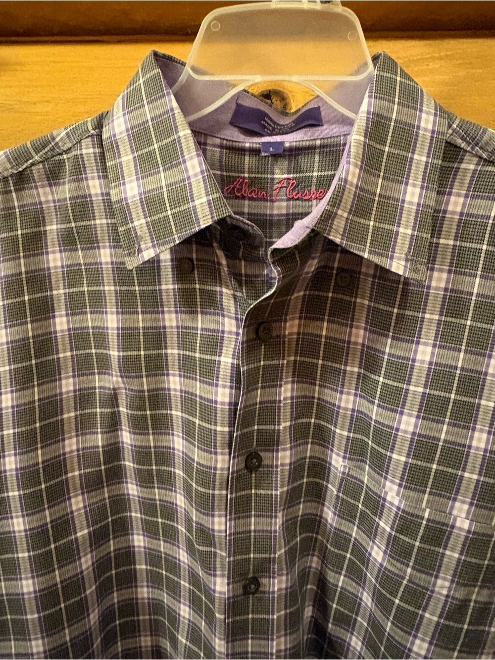 Alan Flusser Olive and Lavender Plaid Button-Down Shirt Large
